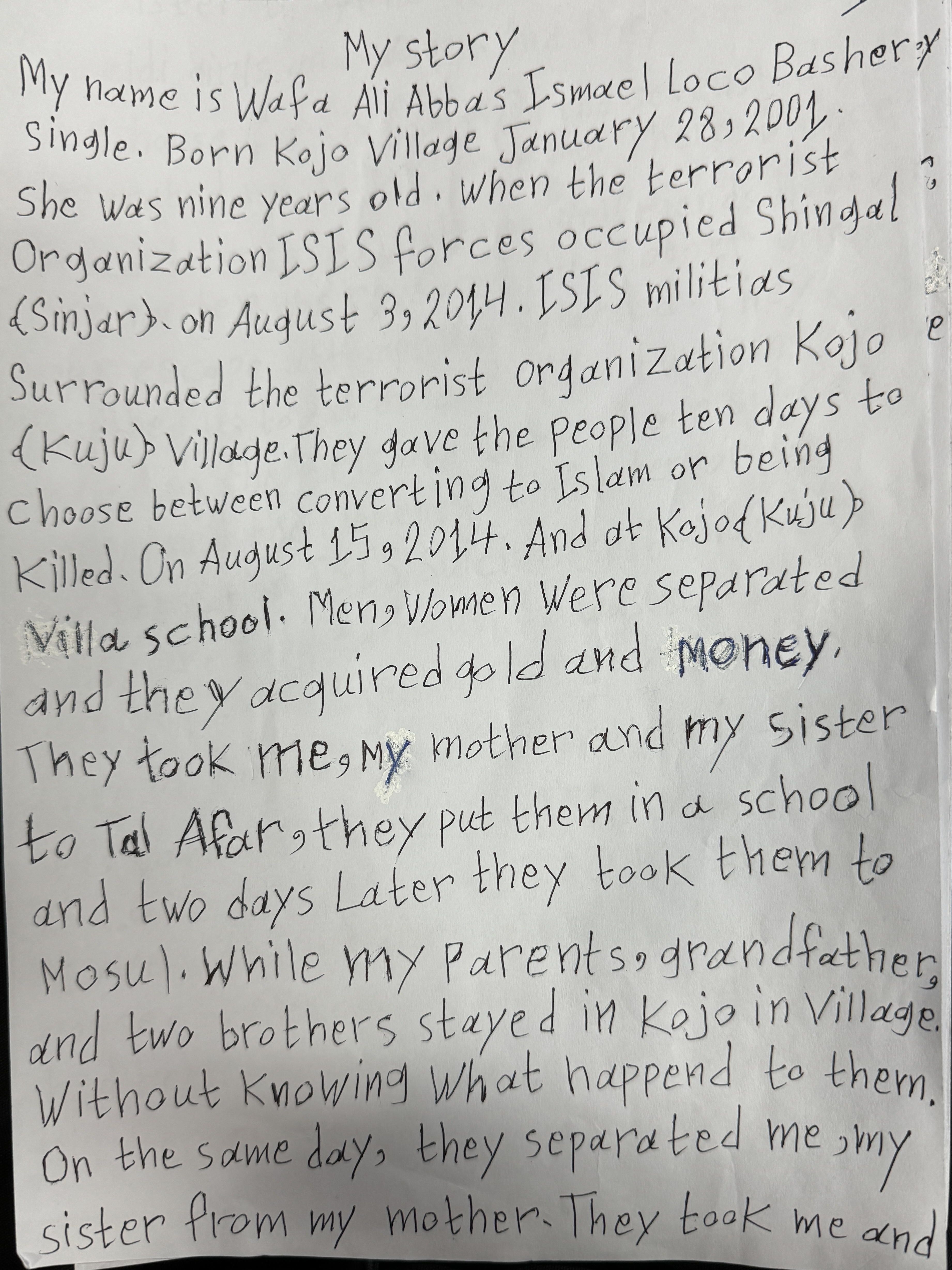 Page from letter Wafaa Bashar wrote about her experience as an ISIS slave.
