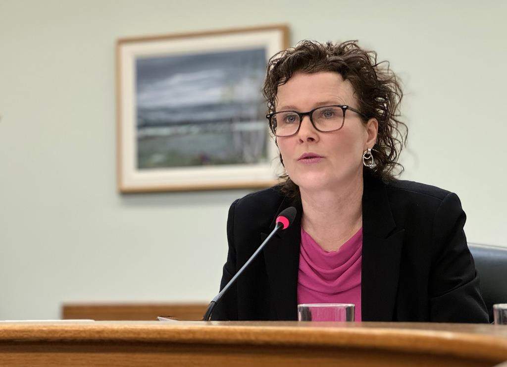 Saskatchewan's provincial auditor Tara Clemett speaks at the Legislature in Regina on Dec. 6, 2023.