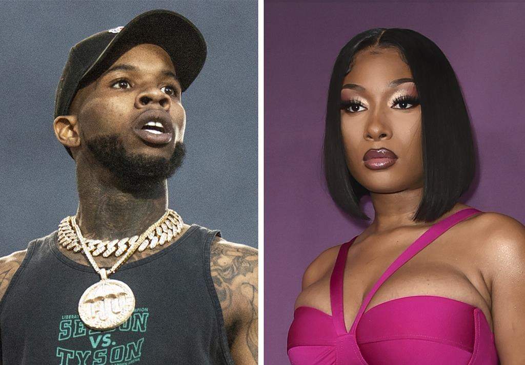 This combo image shows Tory Lanez performing at the Festival d'ete de Quebec, July 11, 2018, in Quebec City, Canada, left, and Megan Thee Stallion at the premiere of "P-Valley," June 2, 2022, in Los Angeles.