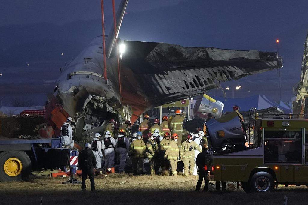 Rescue team carry the body of a passenger at the site of a plane fire at Muan International Airport in Muan, South Korea, Sunday, Dec. 29, 2024.