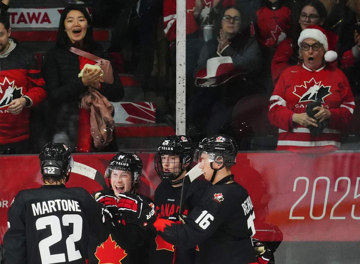 Canada players celebrate a goal against Switzerland during third period IIHF World Junior Hockey Championship pre-tournament action in Ottawa on Thursday, December 19, 2024.