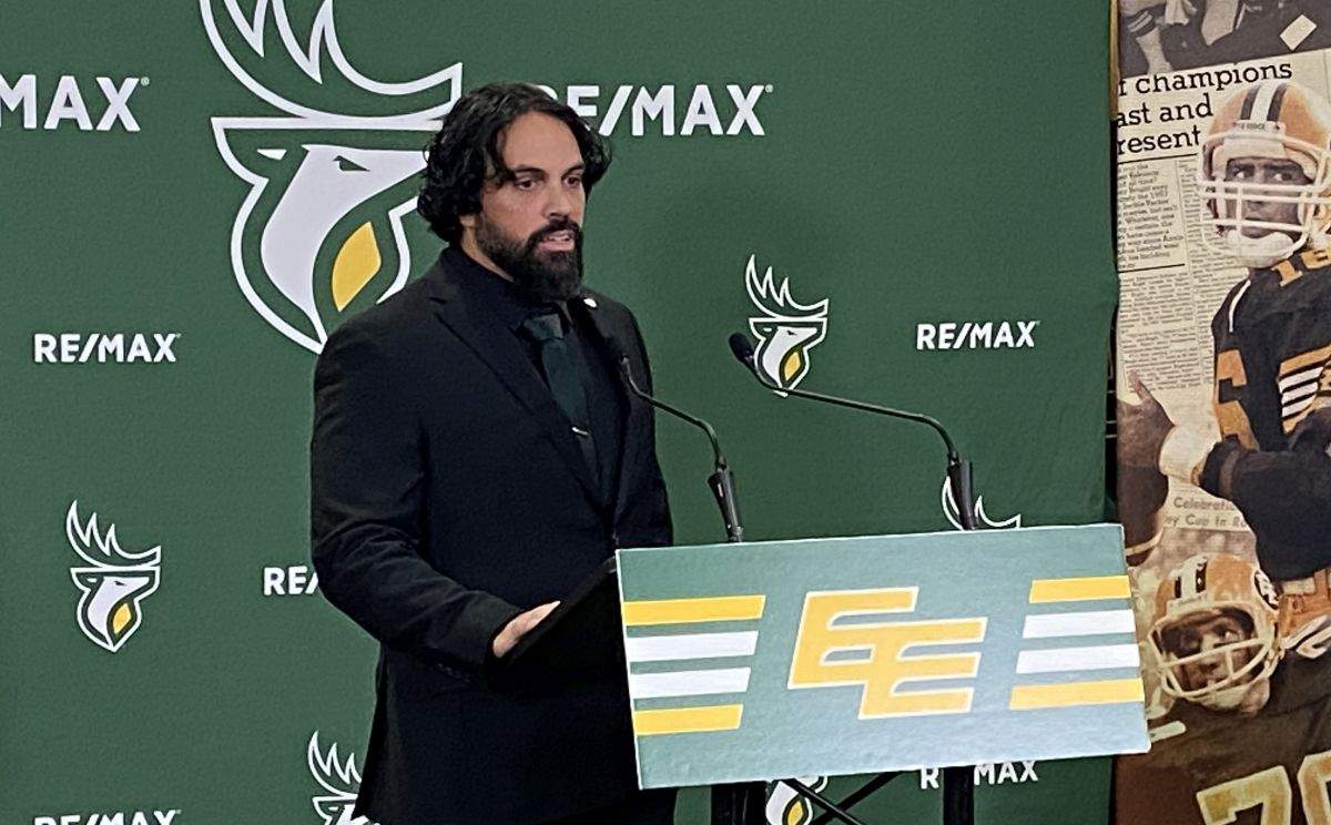 Mark Kilam speaks to reporters at Commonwealth Stadium on Dec. 2, 2024 after being named the new head coach of the Edmonton Elks.