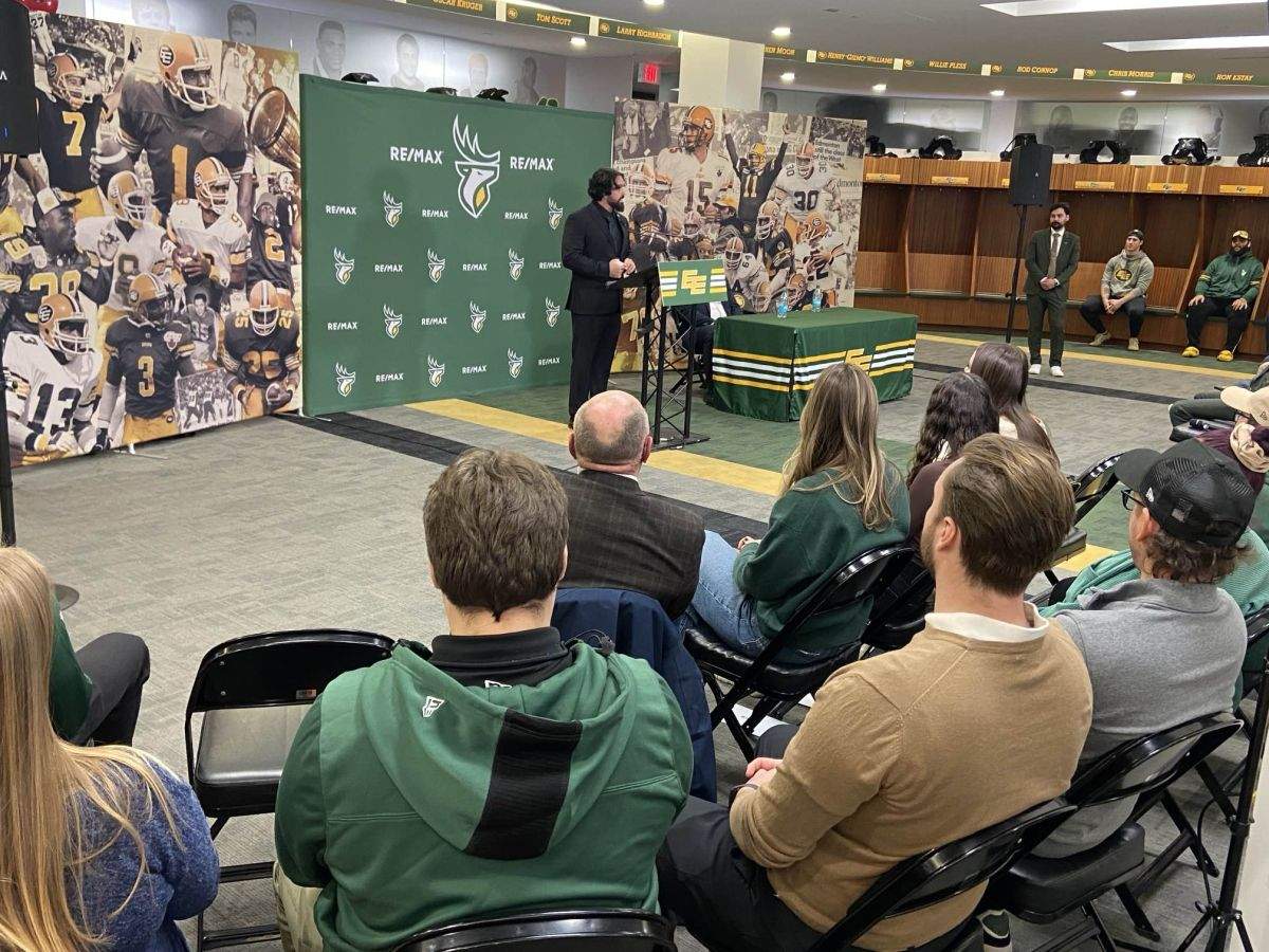 Mark Kilam speaks to reporters at Commonwealth Stadium on Dec. 2, 2024 after being named the new head coach of the Edmonton Elks.