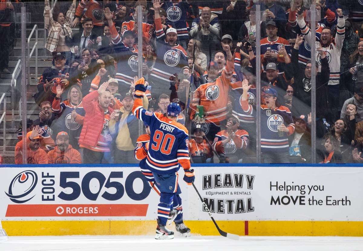 Edmonton Oilers' Corey Perry (90) celebrates a goal against the St. Louis Blues during first period NHL action in Edmonton on Saturday, December 7, 2024.