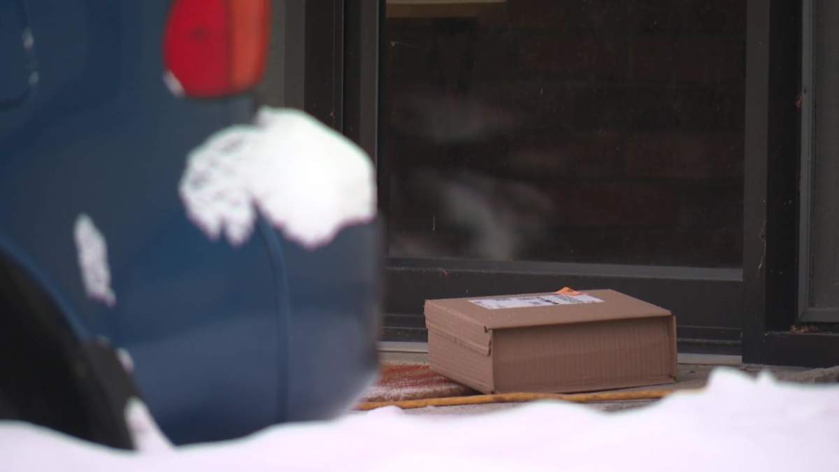An Amazon box on a porch in Edmonton, Alta. on Tuesday, December 17, 2024.