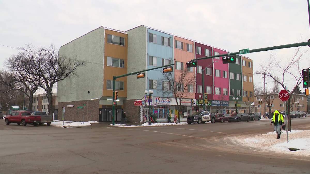 An apartment in central Edmonton (10603 107 Ave.) where a security guard was killed in December 2024.