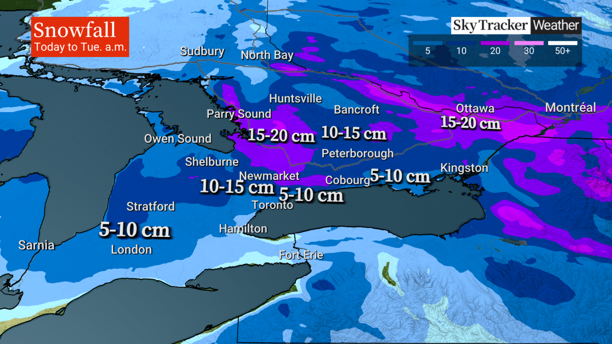 Expected snowfall amounts across Ontario by Tuesday morning.