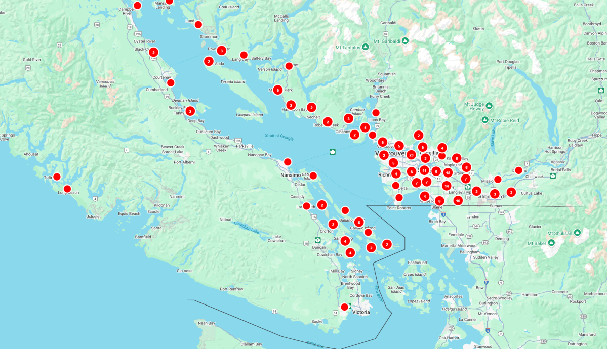 BC Hydro map showing outages across B.C.'s south coast.