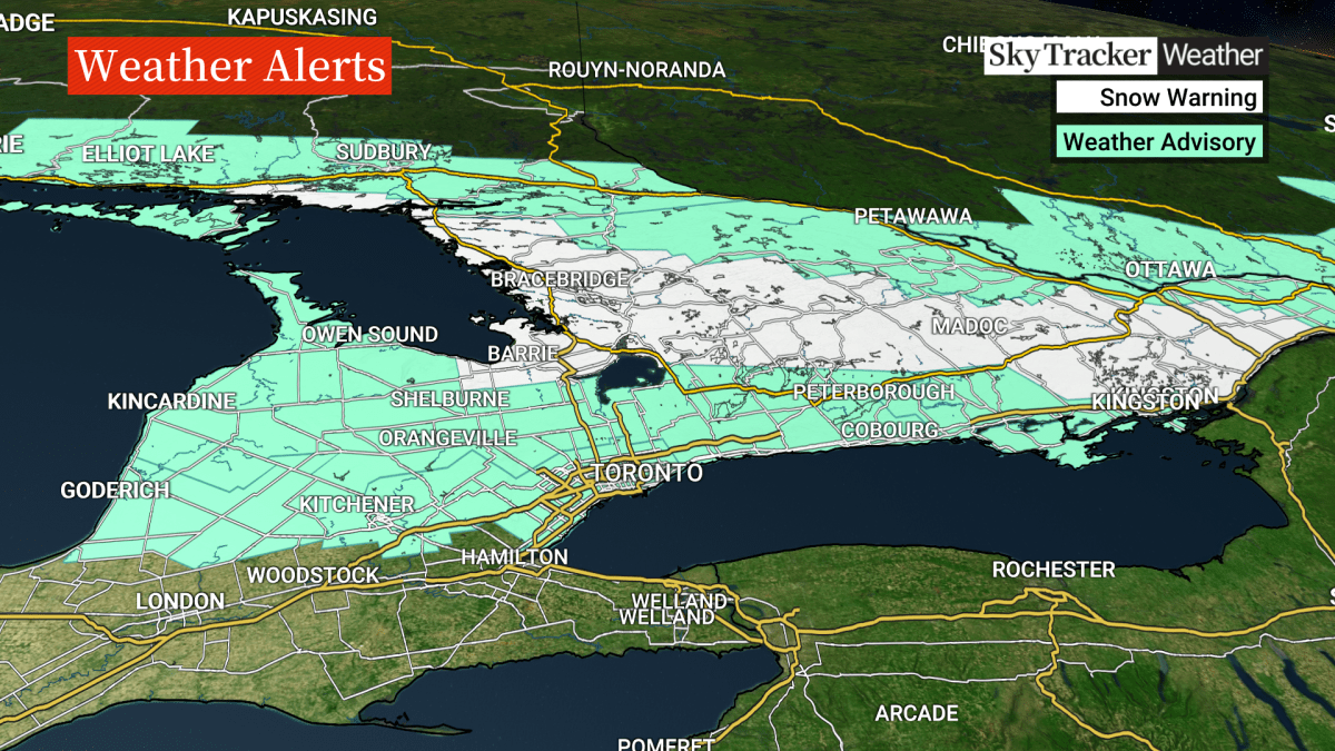 Areas where a winter weather advisory and snowfall warning is in place.