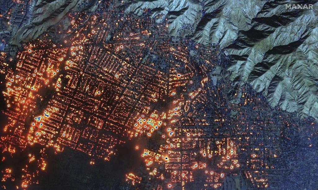 This satellite image provided by Maxar Technologies shows the Eaton Fire on Wednesday, Jan. 8, 2025, in Altadena, Calif.
