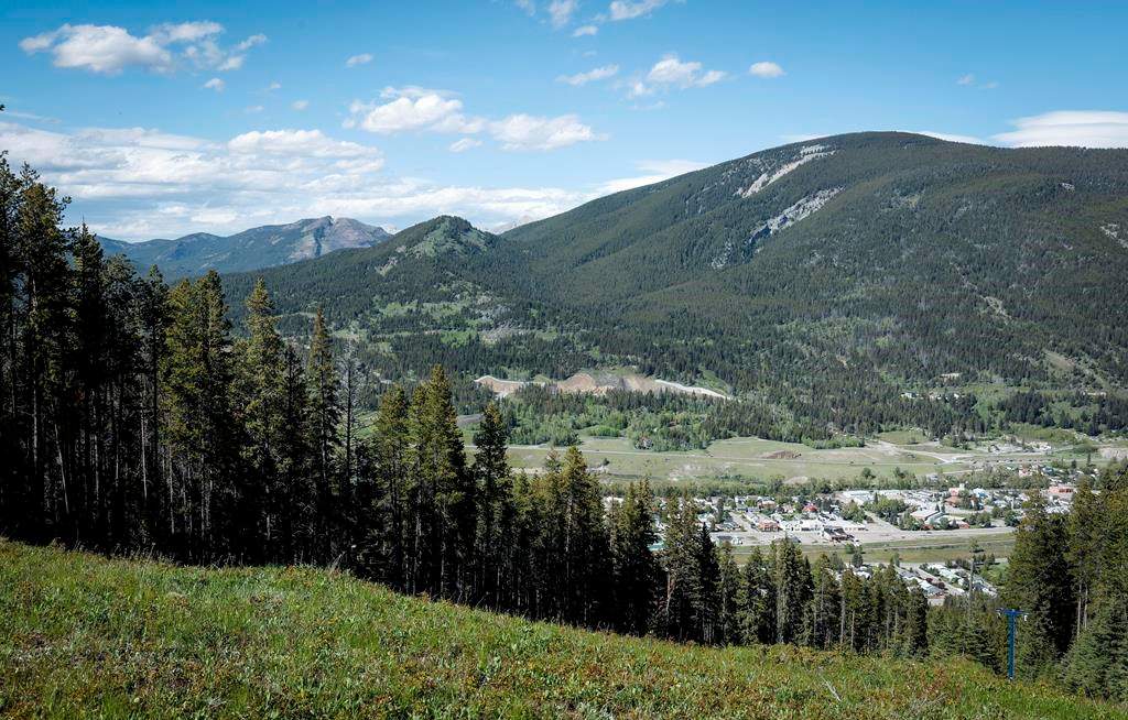Grassy Mountain, peak to left, and the Grassy Mountain Coal Project are seen north of Blairmore, Alta., Thursday, June 6, 2024.