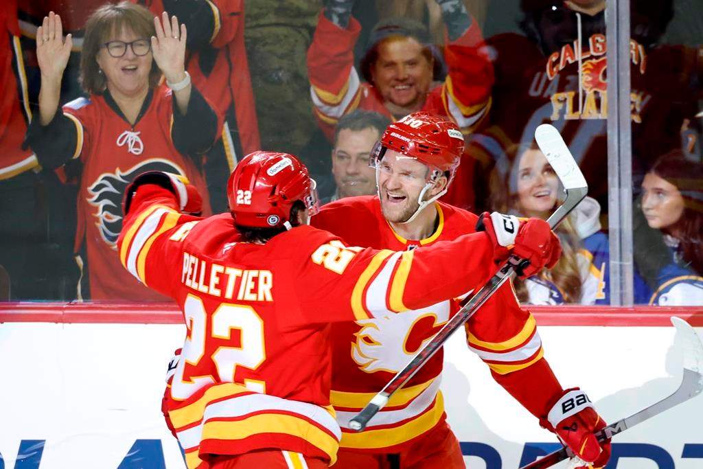 Calgary Flames' Jonathan Huberdeau, right, celebrates his goal against the Buffalo Sabres with Jakob Pelletier during first period NHL hockey action in Calgary on Thursday, Jan. 23, 2025.
