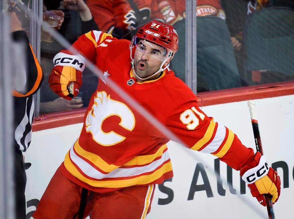 Calgary Flames' Nazem Kadri celebrates his goal during NHL action against the Florida Panthers, in Calgary, Saturday, Dec. 14, 2024.