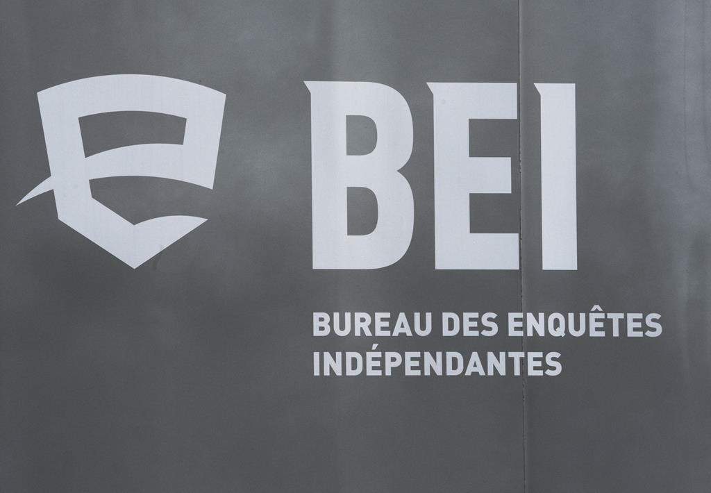 A BEI logo for Quebec’s independent police bureau is seen in Louiseville, Que., Tuesday, March 28, 2023. THE CANADIAN PRESS/Ryan Remiorz.