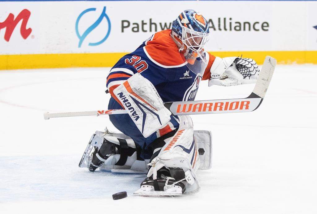 Edmonton Oilers goalie Calvin Pickard (30) makes a save during third period NHL action against the Seattle Kraken, in Edmonton on Monday, January 27, 2025.