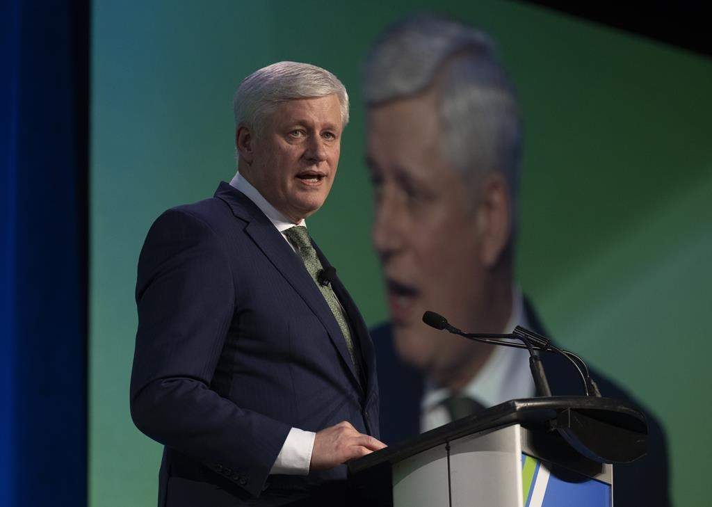 Former prime minister Stephen Harper delivers the keynote address at a conference in Ottawa, Wednesday, March 22, 2023. 