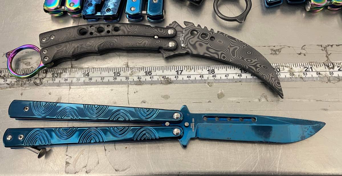Edmonton police raided Food Mart 97 (10666 97 St.) in the McCauley area on Dec. 17, 2024 and found dozens of prohibited butterfly and spring-assisted knives, along with thousands of illegal cigarettes.