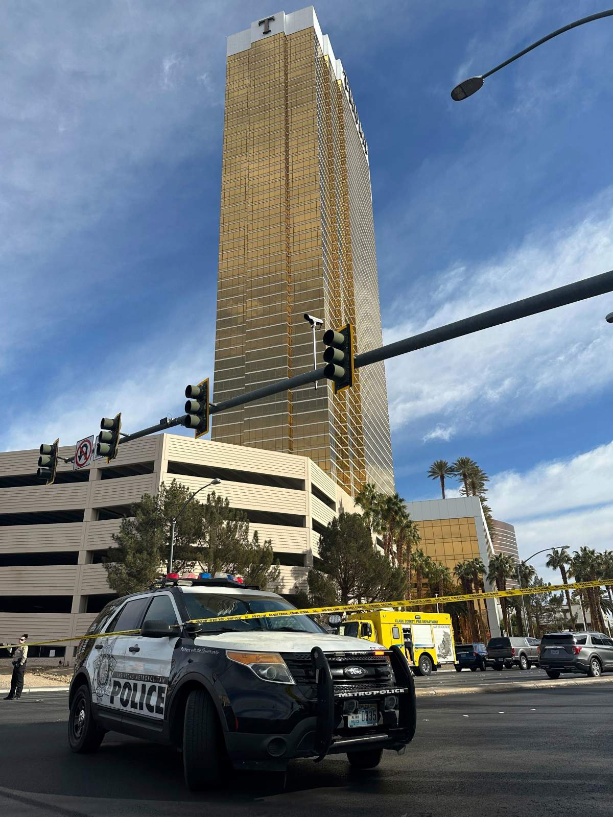 Police block the area after a vehicle caught fire and exploded outside the lobby of President-elect Donald Trump’s hotel Wednesday, Jan. 1, 2025. (AP Photo/Ty ONeil)