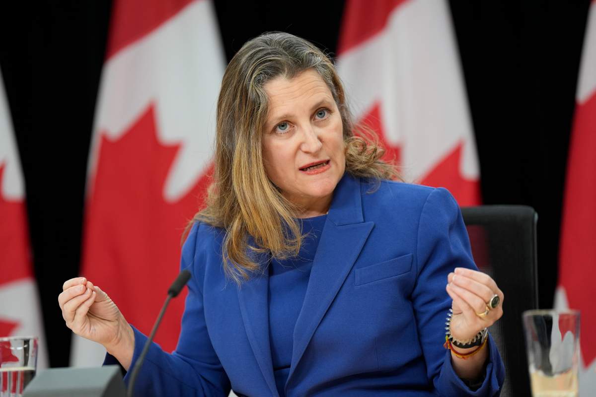 Former Deputy Prime Minister and Finance Minister Chrystia Freeland speaks with reporters in Ottawa, Tuesday, Dec. 10, 2024.