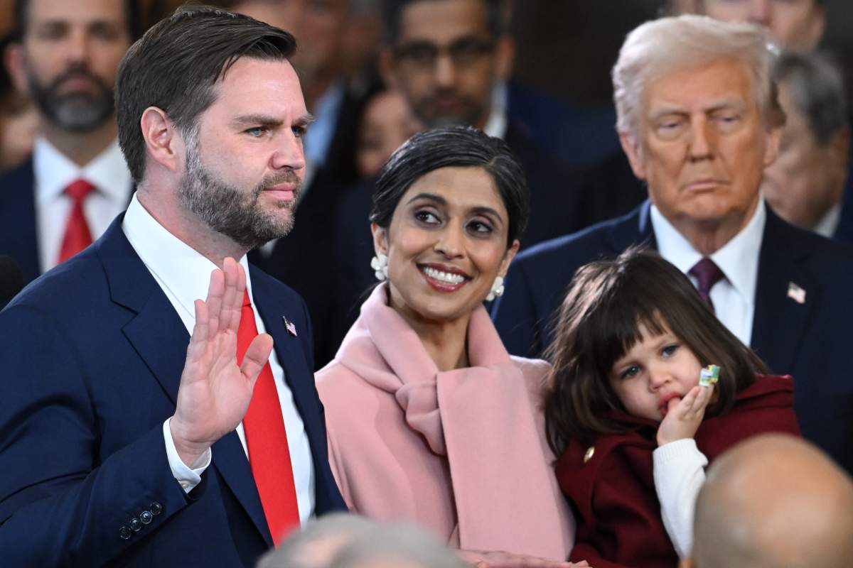 WASHINGTON, DC - JANUARY 20: J.D. Vance is sworn in as U.S. vice president as his wife Usha Vance and family and President Donald Trump look on in the U.S. Capitol Rotunda on January 20, 2025 in Washington, DC. Donald Trump takes office for his second term as the 47th president of the United States. (Photo by Saul Loeb - Pool/Getty Images)