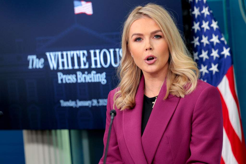 White House Press Secretary Karoline Leavitt holds her first news conference in the Brady Press Briefing Room at the White House on January 28, 2025 in Washington, DC. At 27 years old, Leavitt is the youngest White House press secretary in U.S. history.