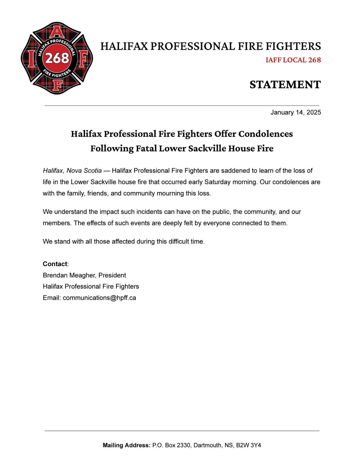 A statement from the Halifax Professional Fire Fighters.