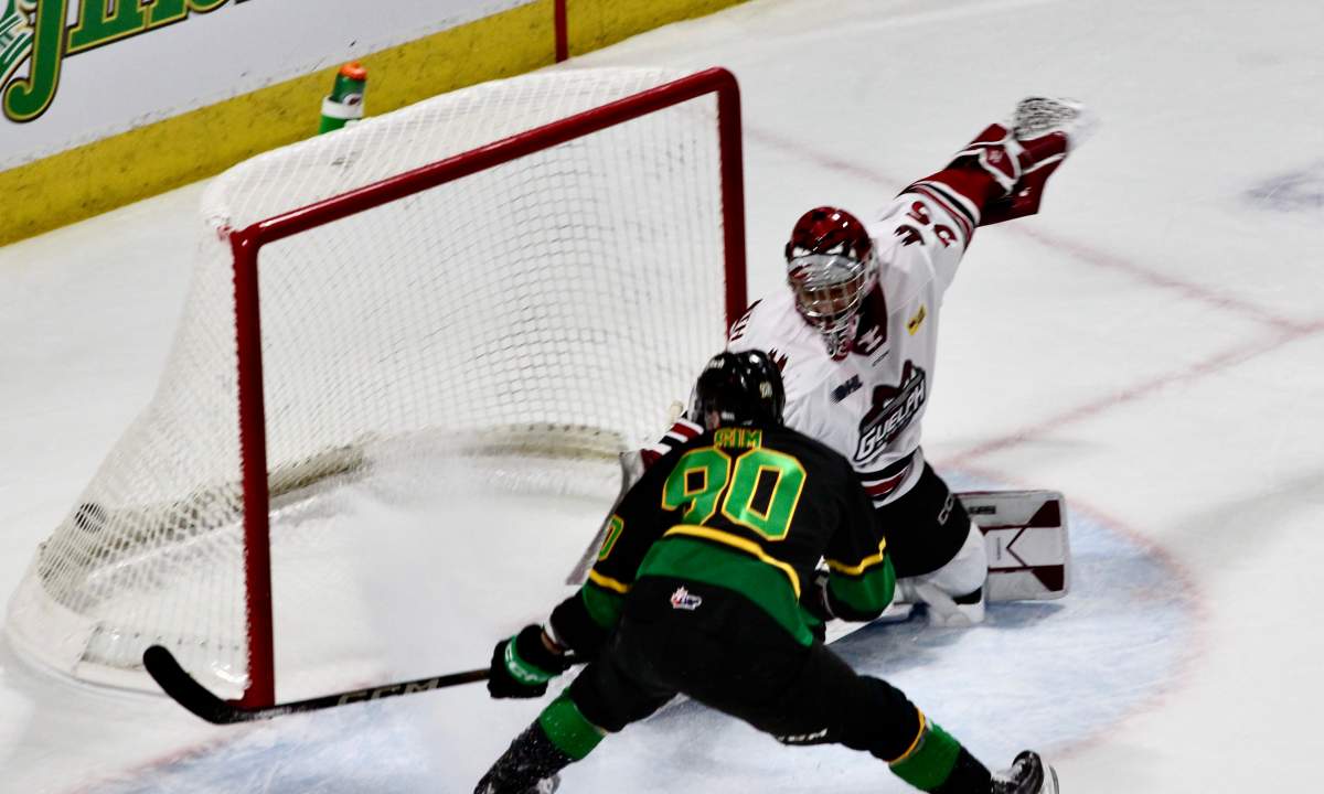 Landon Sim of the London Knights puts home a pass from Will Nicholl in a win over the Guelph Storm at Canada Life Place on Jan. 19, 2025.