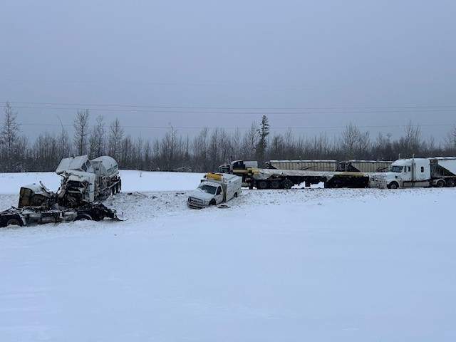 A large collision on Highway 43 between Whitecourt and Fox Creek in western Alberta on Thursday, January 30, 2025.