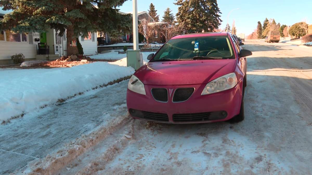 Sarah Leyte's car with a handicapped placard near her home in Rundle Heights, a neighbourhood in northeast Edmonton, on Wednesday, Jan. 8, 2025.