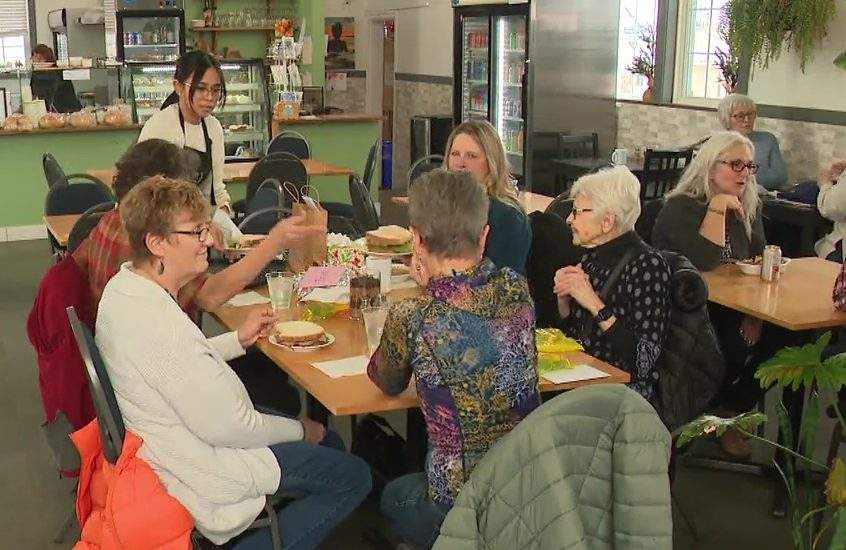 Joan Wade, left, enjoying lunch with some friends at a café in Westlock, Alta. on Friday, January 10, 2025.