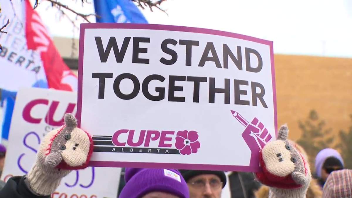 CUPE 3550 members employed by the Edmonton Public School Board protesting while on strike in January 2025.