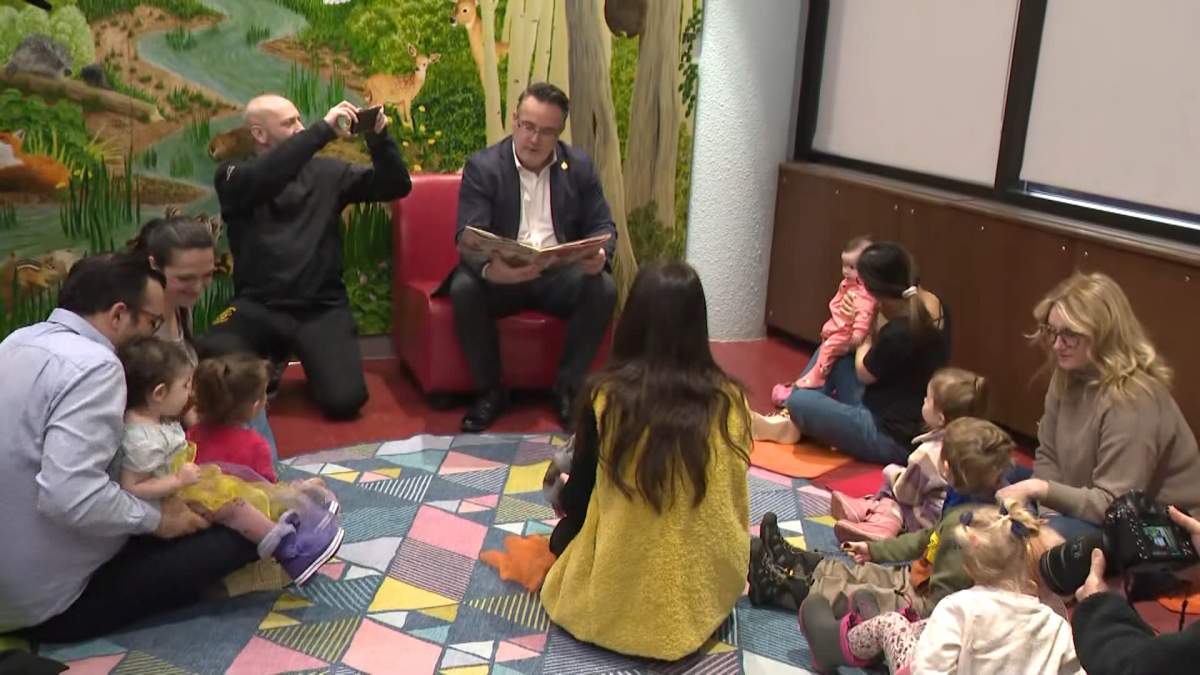 Service Alberta Minister, Dale Nally, announces the most popular baby names of 2024, during a ceremony at the St. Albert public library on Monday.