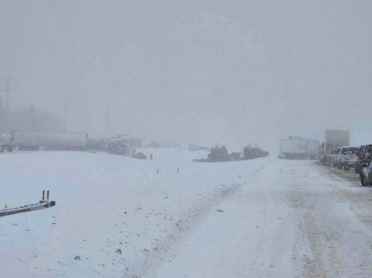A large collision on Highway 43 between Whitecourt and Fox Creek in western Alberta on Jan. 30, 2025.