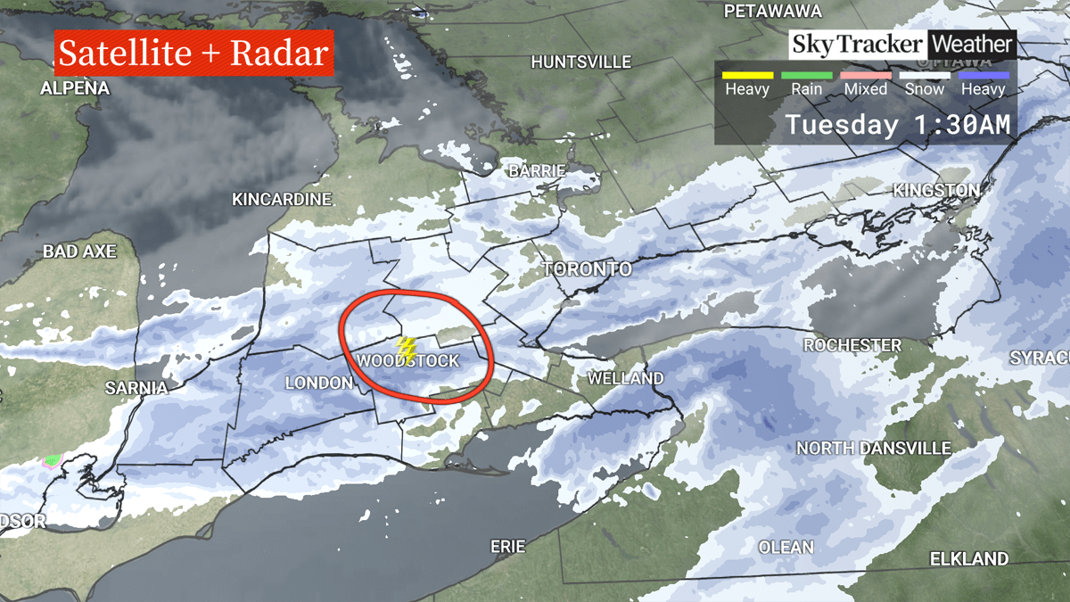 Thunder and lightning hit Woodstock,. Ont. early Tuesday morning.