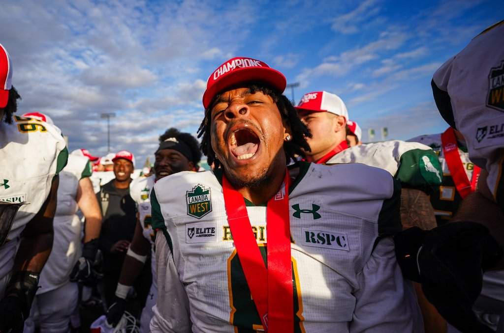 University of Regina Rams defensive back Michael Jourdan (8) celebrates after defeating the University of Saskatchewan Huskies at the U Sports Canada West Hardy Cup football championship action in Saskatoon on Saturday, Nov. 9, 2024. THE CANADIAN PRESS/Heywood Yu.