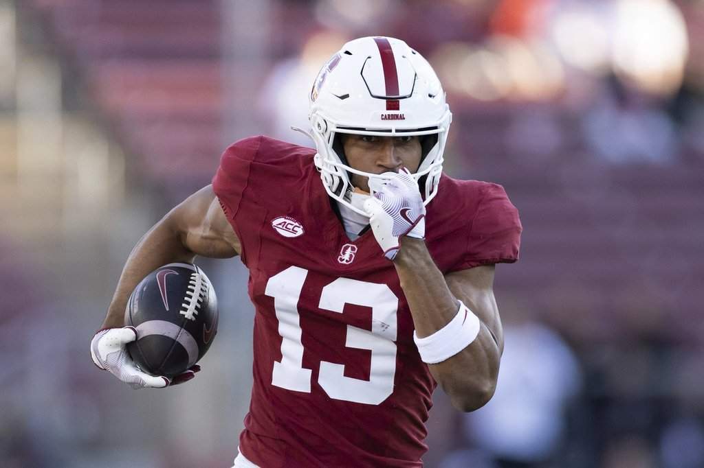 Stanford wide receiver Elic Ayomanor runs after a reception against Louisville during the second half of an NCAA college football game in Stanford, Calif., on November 16, 2024.