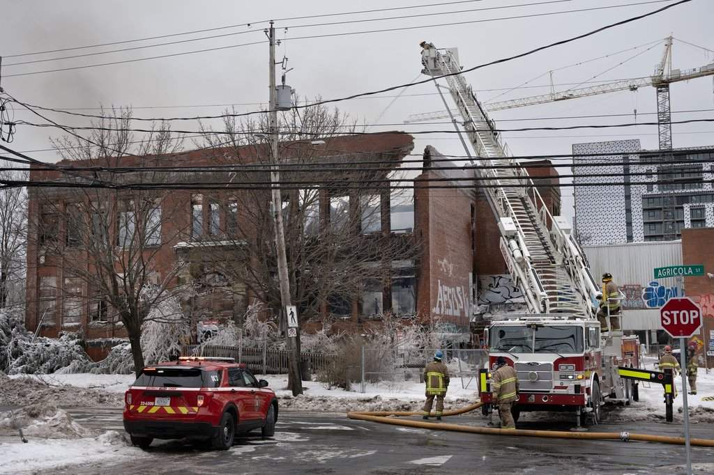 Firefighters work to put out a fire that destroyed a building at the former Bloomfield School in Halifax’s north end on Sunday, Feb. 16, 2025. The building, which caught fire early Sunday morning, has been a point of contention with the city and policy makers following failed plans for redevelopment and complaints the site was a safety risk. 