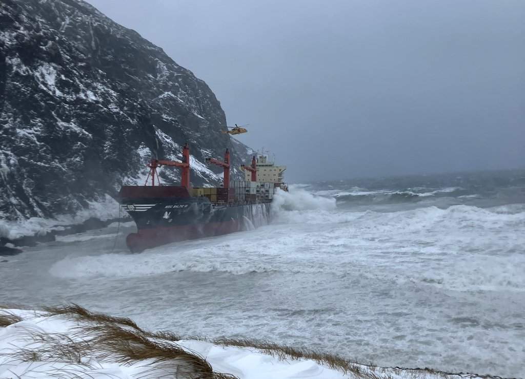 The Canadian Coast Guard says the cargo ship MSC Baltic III, as shown in this undated image, reported a loss of power then ran aground on the western coast of Newfoundland.  All 20 people on board the ship were safely airlifted from the vessel Saturday morning by a Cormorant helicopter. 