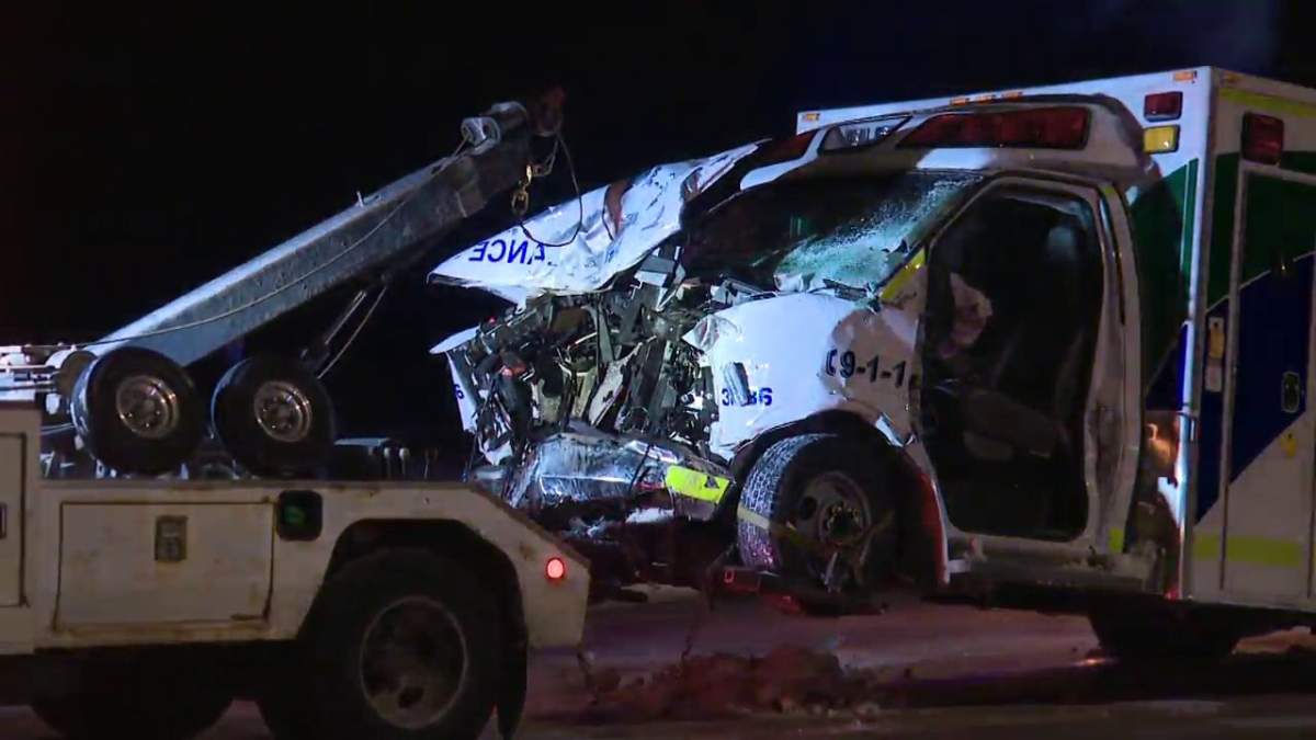 RCMP say five people went to hospital after an ambulance responding to a service call crashed with an SUV west of Edmonton on Feb. 17, 2025.