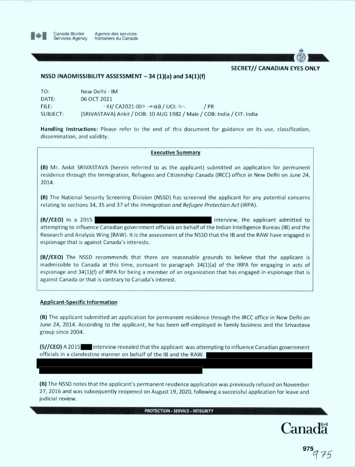CBSA report on Ankit Srivastava. The government pursued a different strategy in 2022, alleging he was a security threat for, among other things, disinformation.