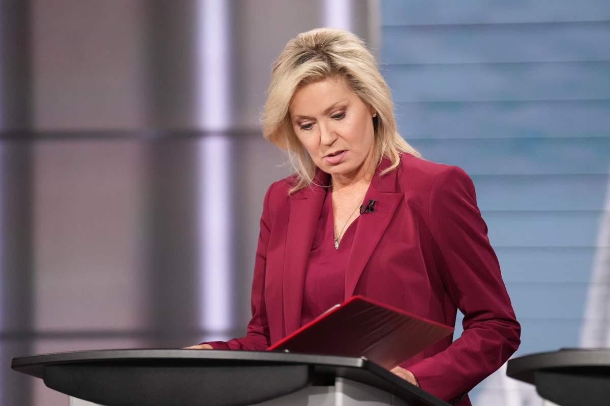 Ontario Liberal Leader Bonnie Crombie waits for the start of the Ontario Leaders’ debate at CBC’s Broadcast Centre, in Toronto, Monday, Feb. 17, 2025.