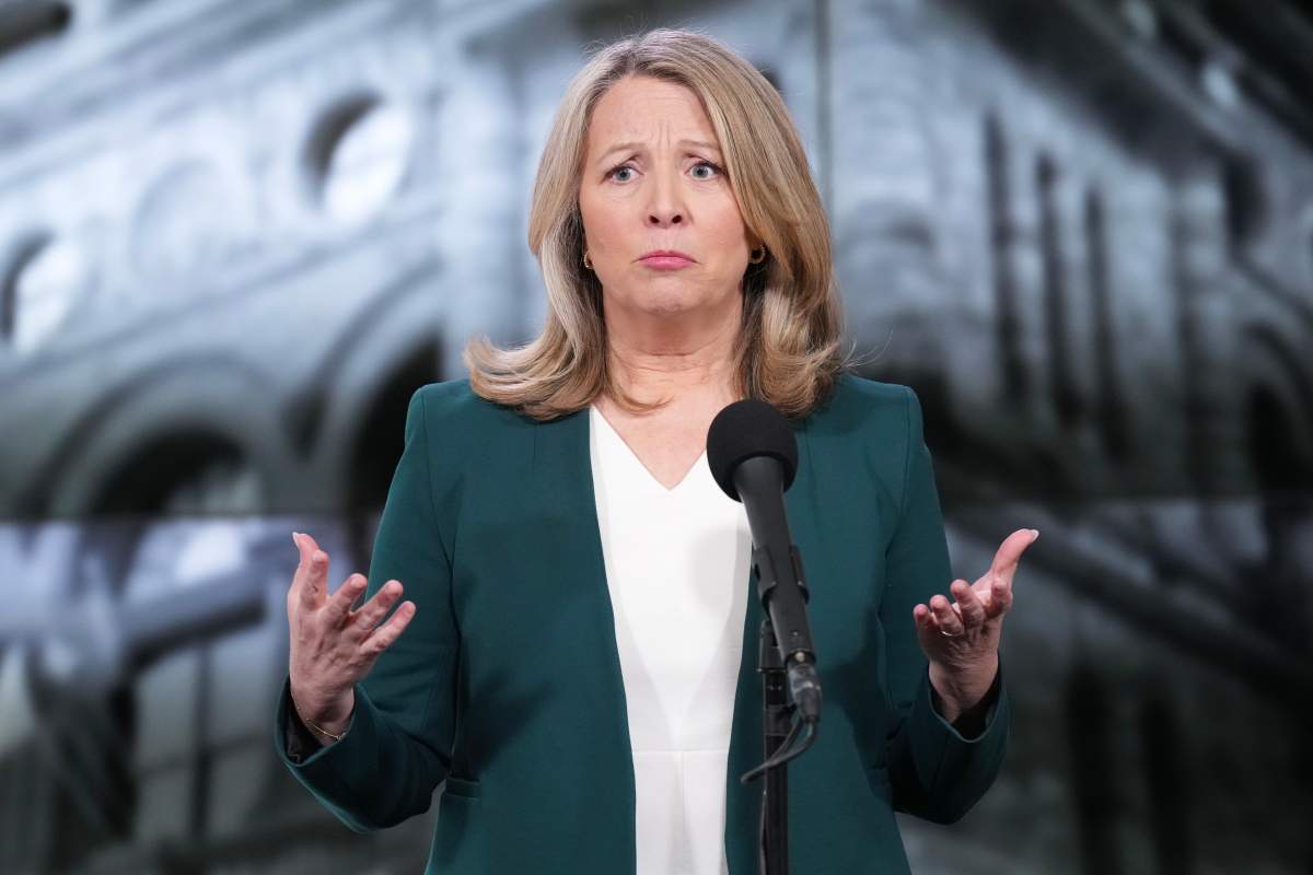 Ontario NDP Leader Marit Stiles speaks to reporters after the Ontario Leaders’ debate at CBC’s Broadcast Centre, in Toronto, Monday, Feb. 17, 2025.