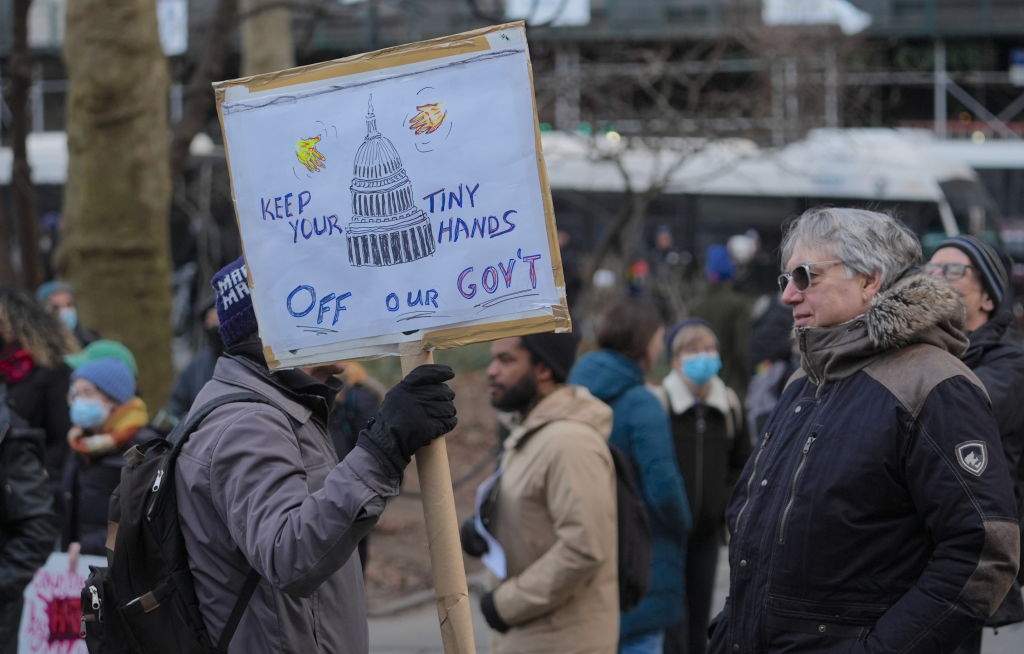 People gathered at City Hall in downtown, Manhattan on Feb. 5, 2025 to oppose the early actions of President Donald Trump's administration and the Project 2025 playbook.