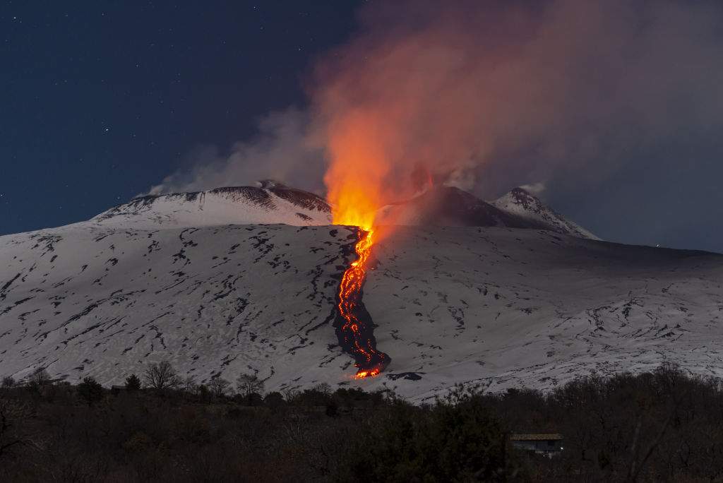 A view of Mount Etna seen from Adrano, Catania, which is producing a new eruption on Feb. 11, 2025.