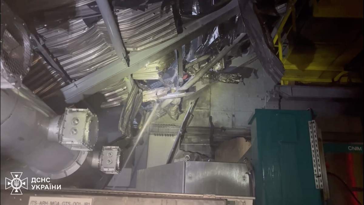 A screen grab from a video shared by the Ukrainian President Volodymyr Zelenskyy shows the damage after a Russian drone hit the protective shelter of the destroyed fourth power unit at the Chornobyl Nuclear Power Plant, in Chernobyl, Ukraine on February 14, 2025.
