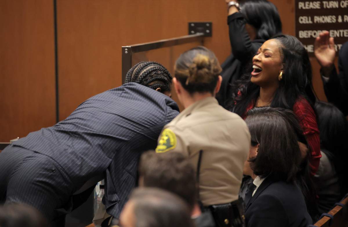 Rakim Mayers, aka A$AP Rocky, dives towards the gallery as the verdict is given in his felony assault trial at Clara Shortridge Foltz Criminal Justice Center on February 18, 2025 in Los Angeles, California.