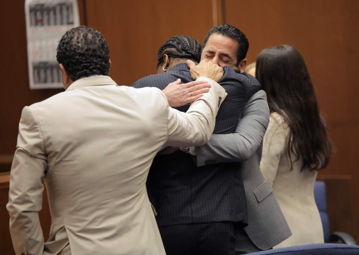 Rakim Mayers, aka A$AP Rocky, reacts in court as the verdict is given in his felony assault trial at Clara Shortridge Foltz Criminal Justice Center on February 18, 2025 in Los Angeles, California.