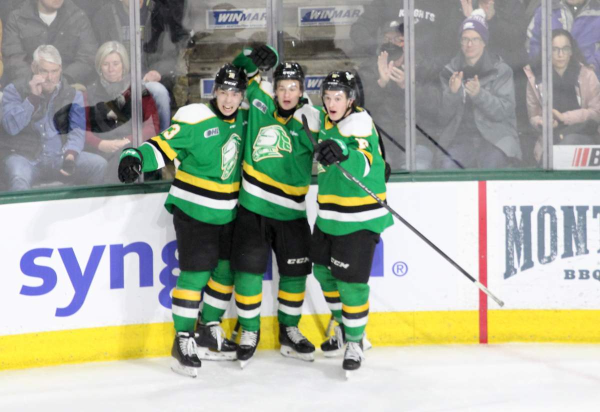 The London Knights celebrate a goal by Evan Van Gorp in the third period of a 3-1 victory over the Peterborough Petes on Feb. 7, 2025 at Canada Life Place.