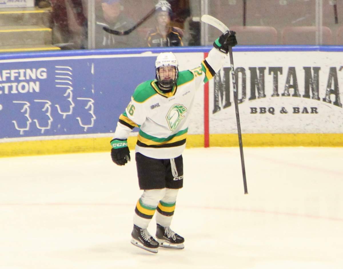 Logan Hawery opens the scoring for the London Knights in his hometown of Barriew, Ont., in a game played between the Knights and the Colts on Feb. 13, 2025.