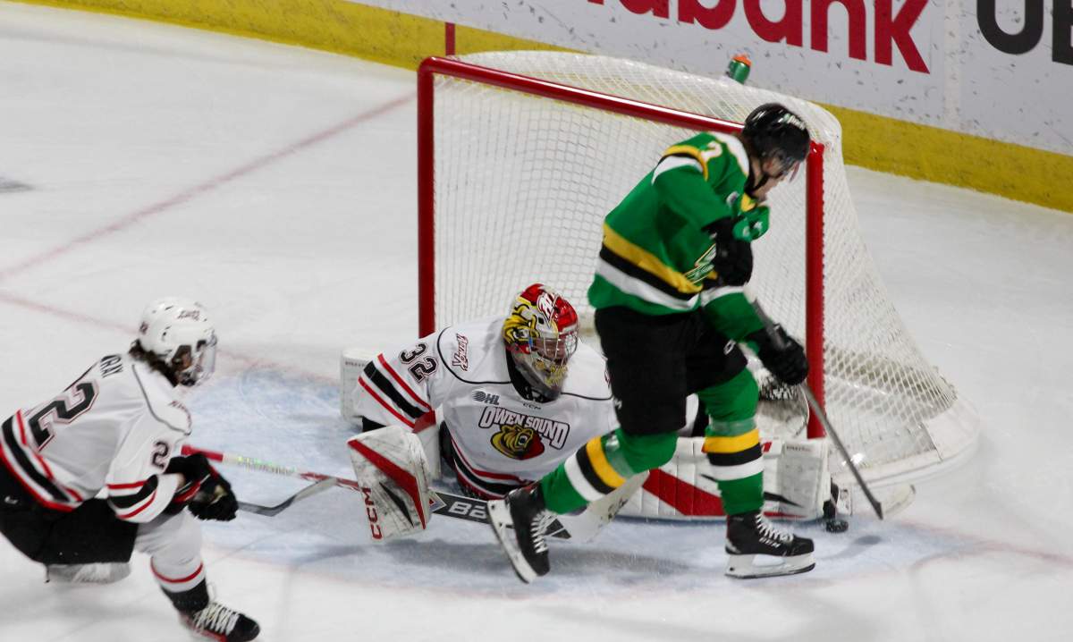 Easton Cowan of the London Knights gets a breakaway chance in a Knights 9-1 win over the Owen Sound Attack at Canada Life Place on Feb. 28, 2025.